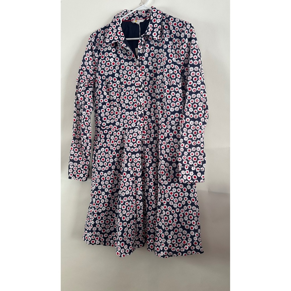Boden Womens Navy Red Daisy Floral Shirt Dress Long Sleeve Button Front Size 12R